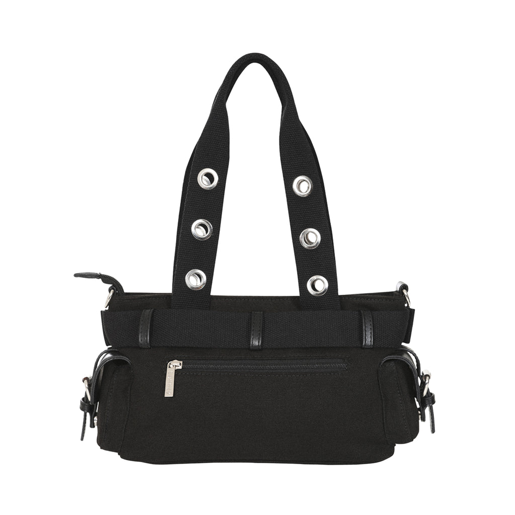  mostrando el bolsillo exterior con cremallera y las asas con ojales.