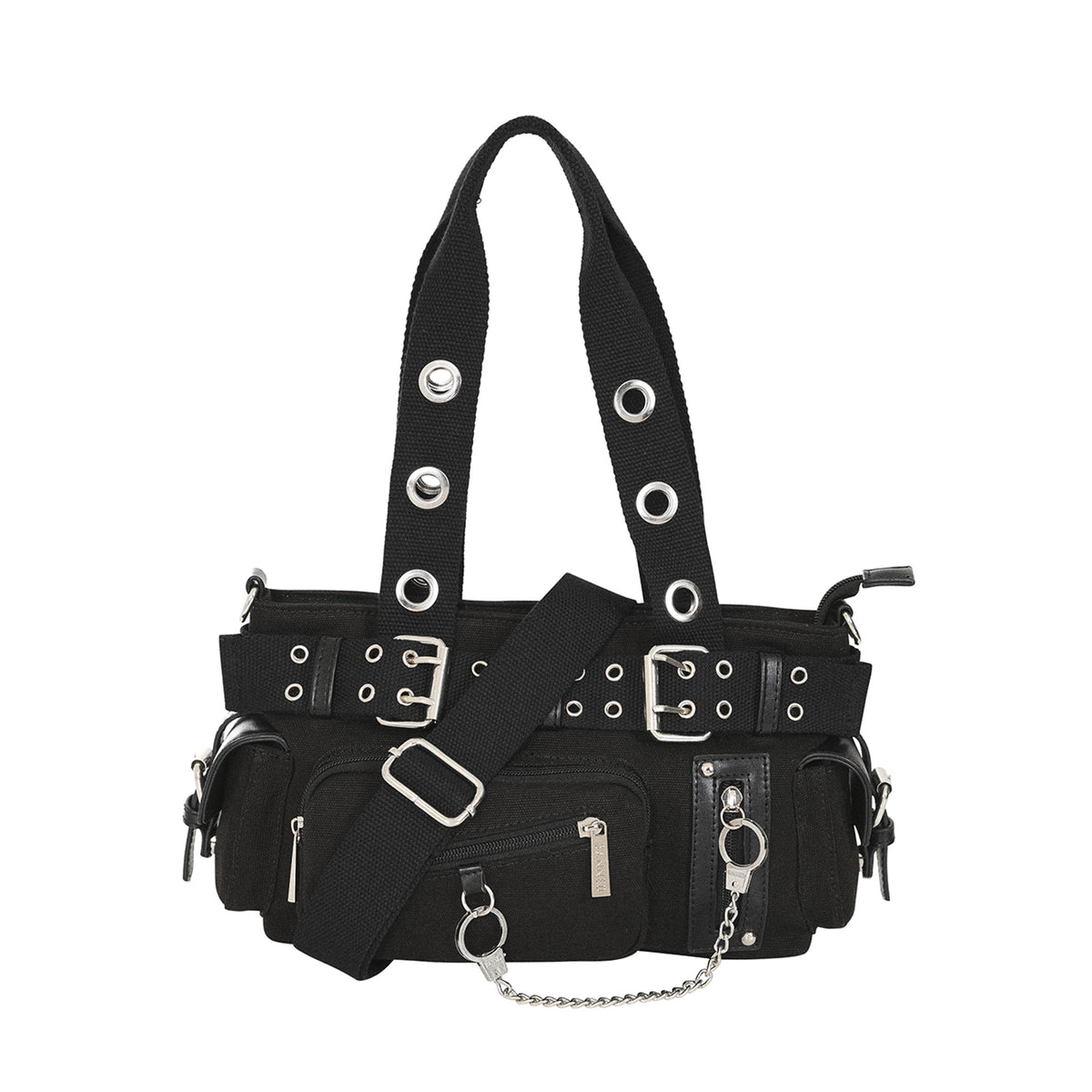 Bolso gótico punk mostrado con la correa larga ajustable para usarlo como bandolera.