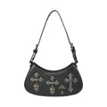 Bolso de hombro y bandolera alargado rígido estilo gótico, vamp e y2k con cruces metálicas con acabado efecto envejecido en plateado colocadas sobre un fondo texturizado gris estilo cocodrilo modelo Crypt Cross de Banned Alternative vista frontal