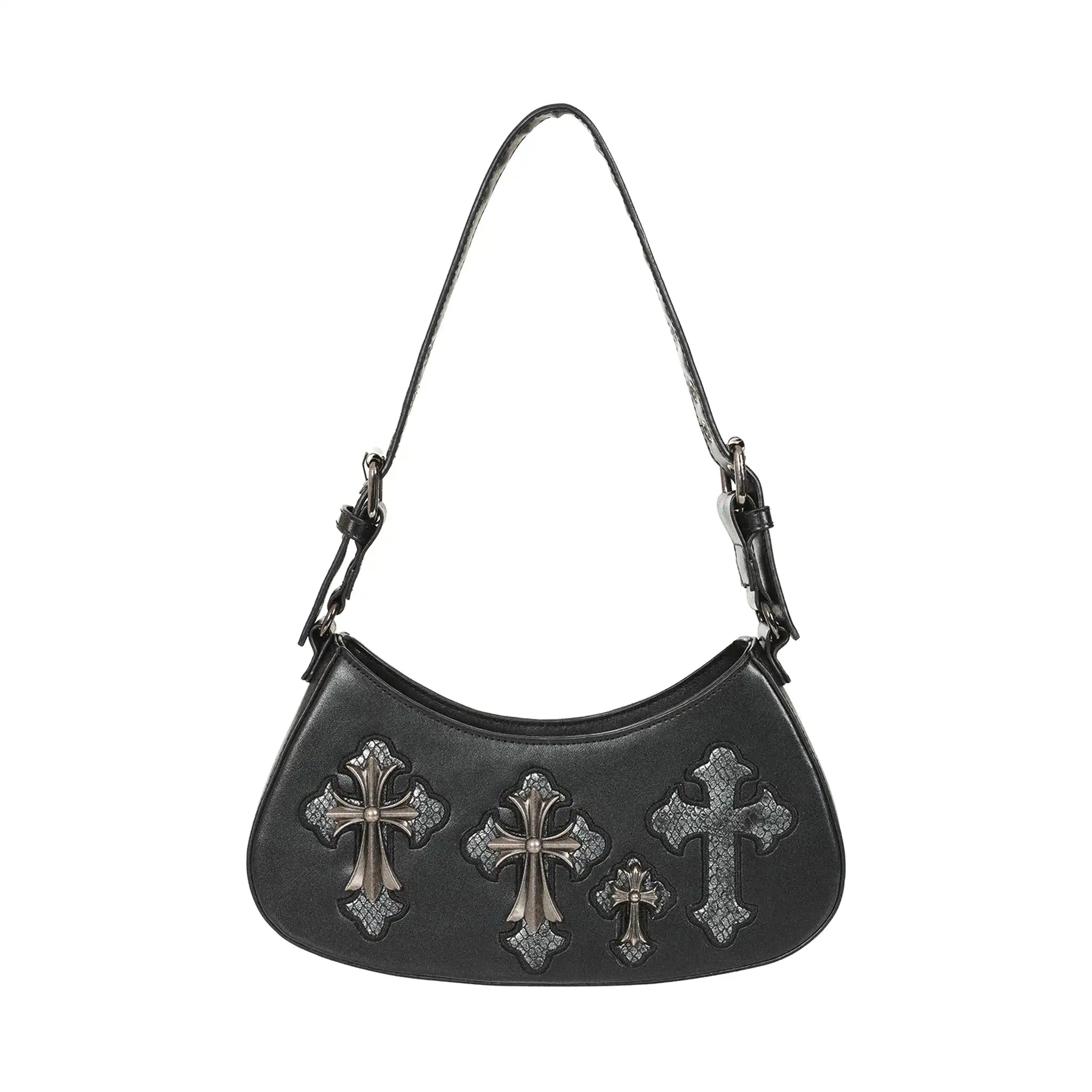 Bolso de hombro y bandolera alargado rígido estilo gótico, vamp e y2k con cruces metálicas con acabado efecto envejecido en plateado colocadas sobre un fondo texturizado gris estilo cocodrilo modelo Crypt Cross de Banned Alternative vista frontal