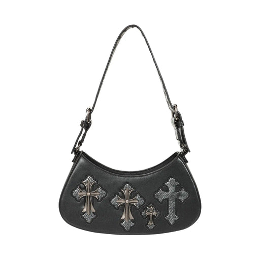 Bolso de hombro y bandolera alargado rígido estilo gótico, vamp e y2k con cruces metálicas con acabado efecto envejecido en plateado colocadas sobre un fondo texturizado gris estilo cocodrilo modelo Crypt Cross de Banned Alternative vista frontal