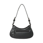 Bolso de hombro y bandolera alargado rígido estilo gótico, vamp e y2k con cruces metálicas con acabado efecto envejecido en plateado colocadas sobre un fondo texturizado gris estilo cocodrilo modelo Crypt Cross de Banned Alternative vista posterior