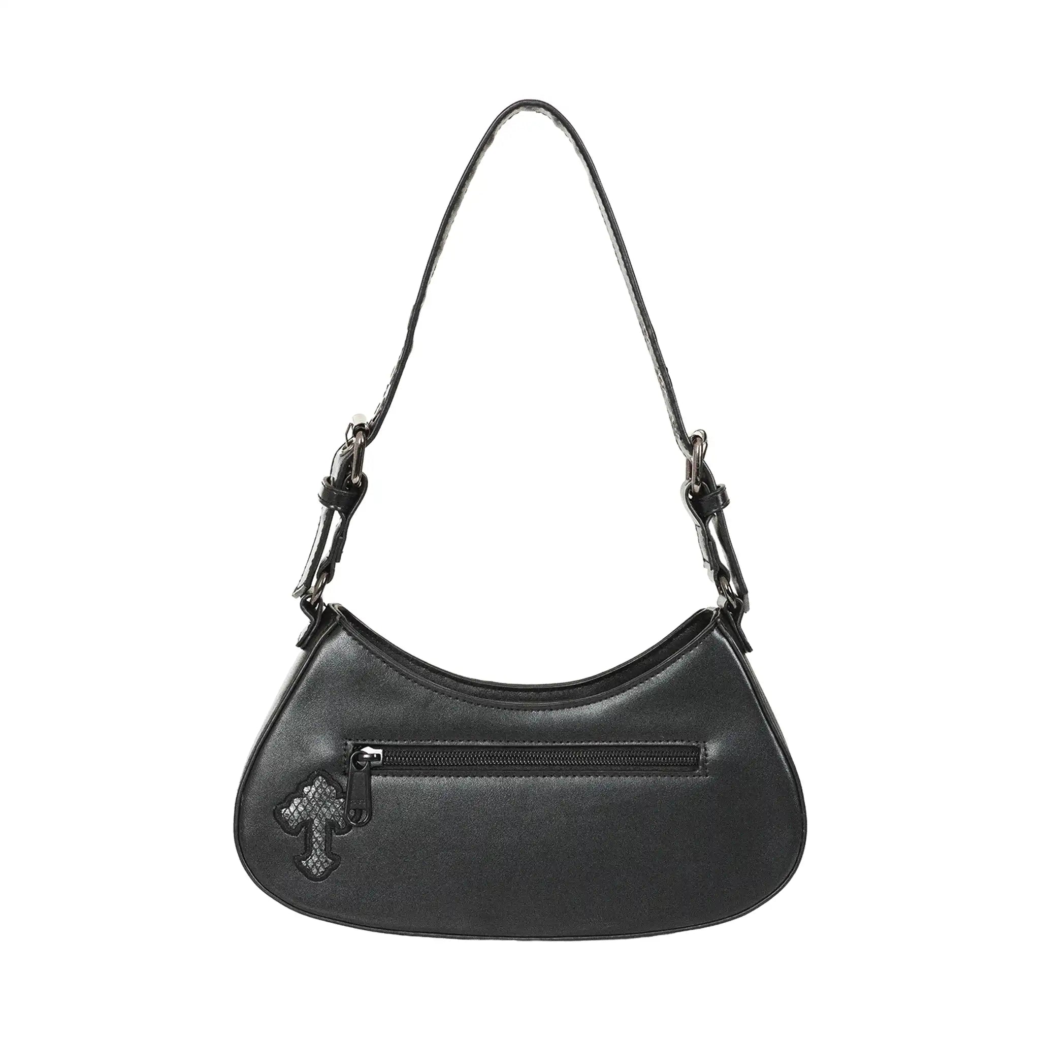 Bolso de hombro y bandolera alargado rígido estilo gótico, vamp e y2k con cruces metálicas con acabado efecto envejecido en plateado colocadas sobre un fondo texturizado gris estilo cocodrilo modelo Crypt Cross de Banned Alternative vista posterior