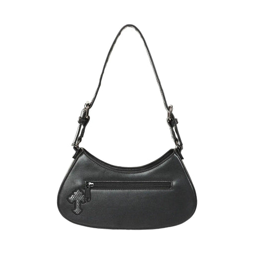 Bolso de hombro y bandolera alargado rígido estilo gótico, vamp e y2k con cruces metálicas con acabado efecto envejecido en plateado colocadas sobre un fondo texturizado gris estilo cocodrilo modelo Crypt Cross de Banned Alternative vista posterior