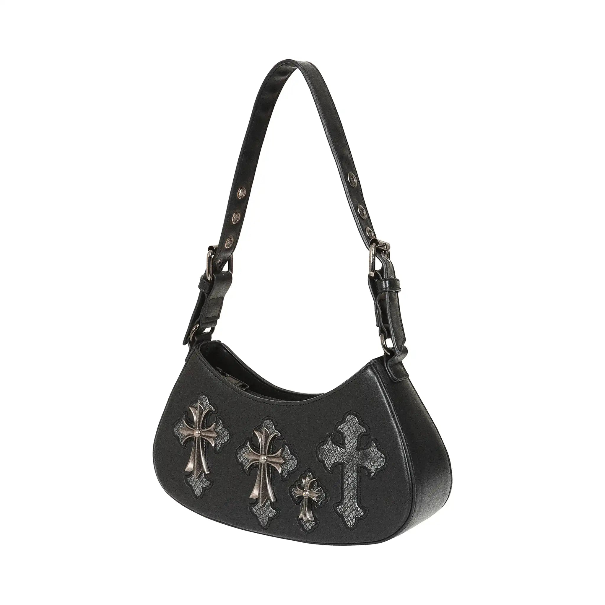 Bolso de hombro y bandolera alargado rígido estilo gótico, vamp e y2k con cruces metálicas con acabado efecto envejecido en plateado colocadas sobre un fondo texturizado gris estilo cocodrilo modelo Crypt Cross de Banned Alternative vista ángulo