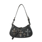 Bolso de hombro y bandolera alargado rígido estilo gótico, vamp e y2k con cruces metálicas con acabado efecto envejecido en plateado colocadas sobre un fondo texturizado gris estilo cocodrilo modelo Crypt Cross de Banned Alternative vista con correa bandolera