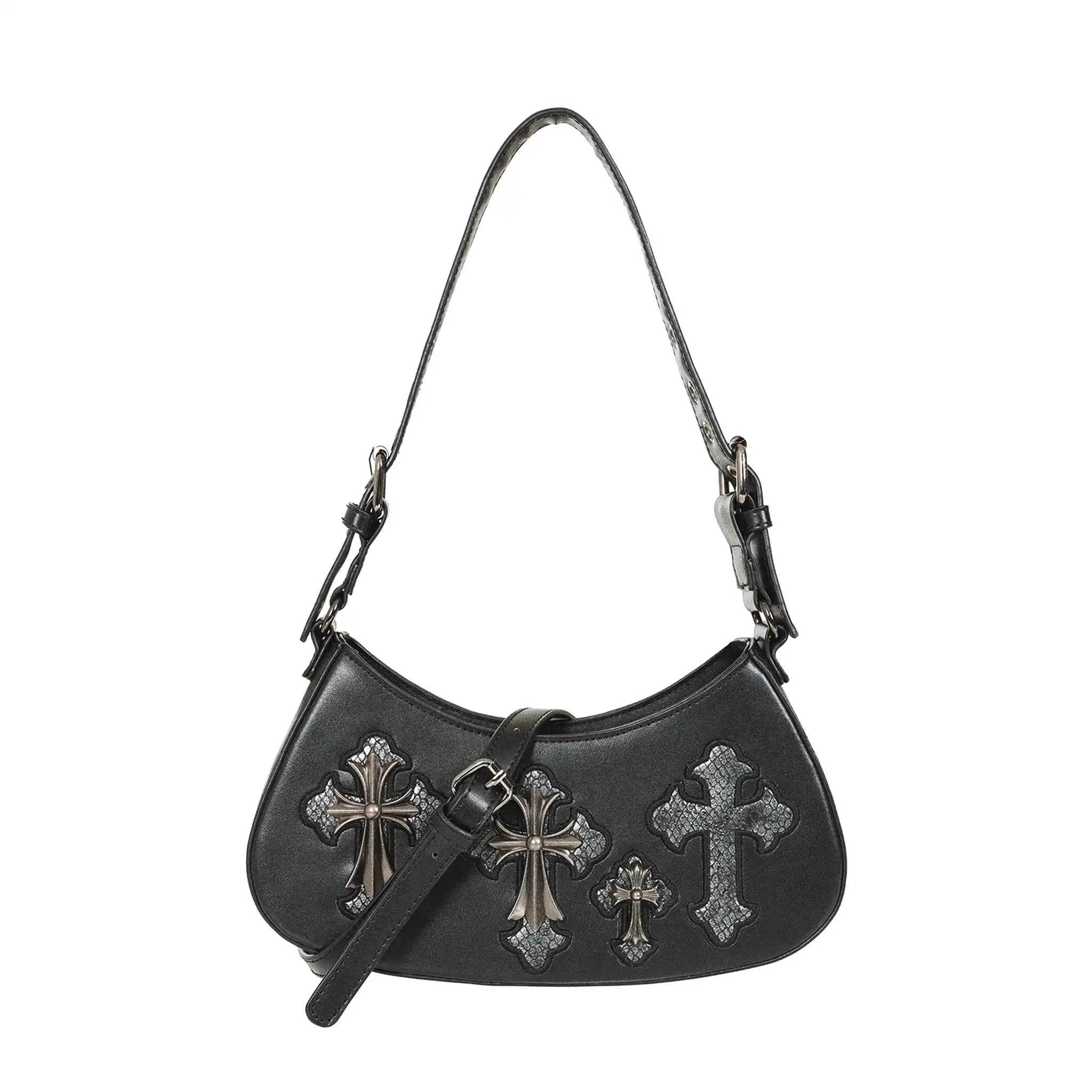 Bolso de hombro y bandolera alargado rígido estilo gótico, vamp e y2k con cruces metálicas con acabado efecto envejecido en plateado colocadas sobre un fondo texturizado gris estilo cocodrilo modelo Crypt Cross de Banned Alternative vista con correa bandolera