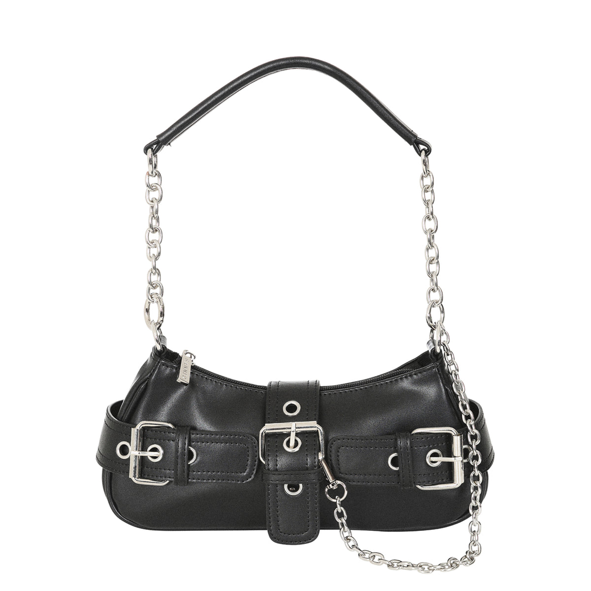 Bolso baguette gótico negro de polipiel con múltiples hebillas y correa de cadena, visto de frente.