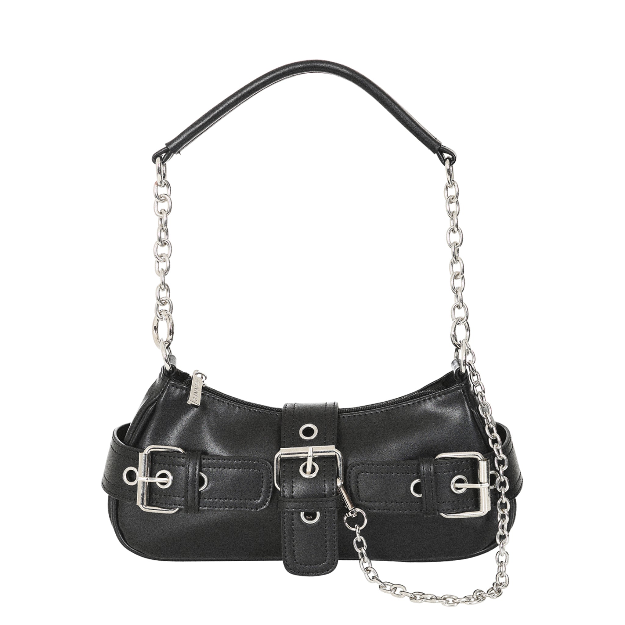 Bolso baguette gótico negro de polipiel con múltiples hebillas y correa de cadena, visto de frente.