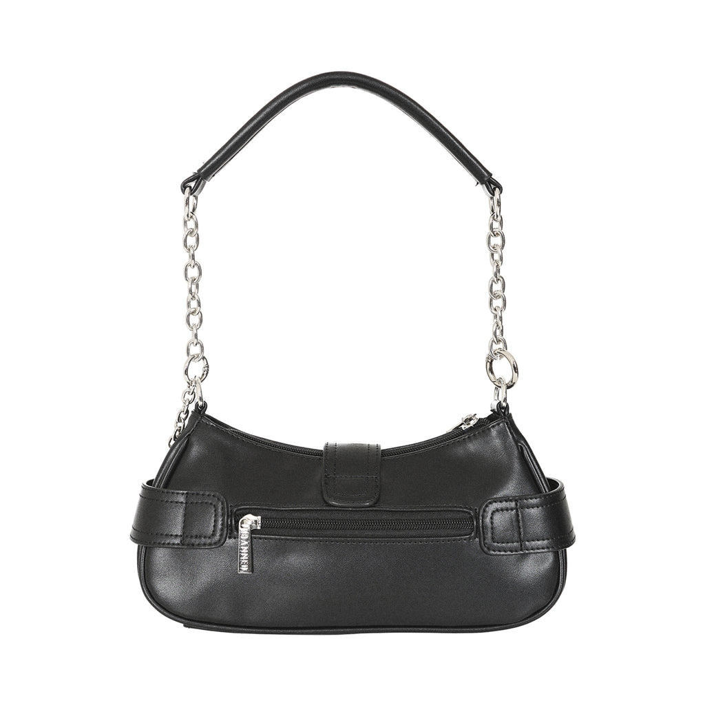 Vista trasera del bolso baguette gótico, mostrando el bolsillo exterior con cremallera.