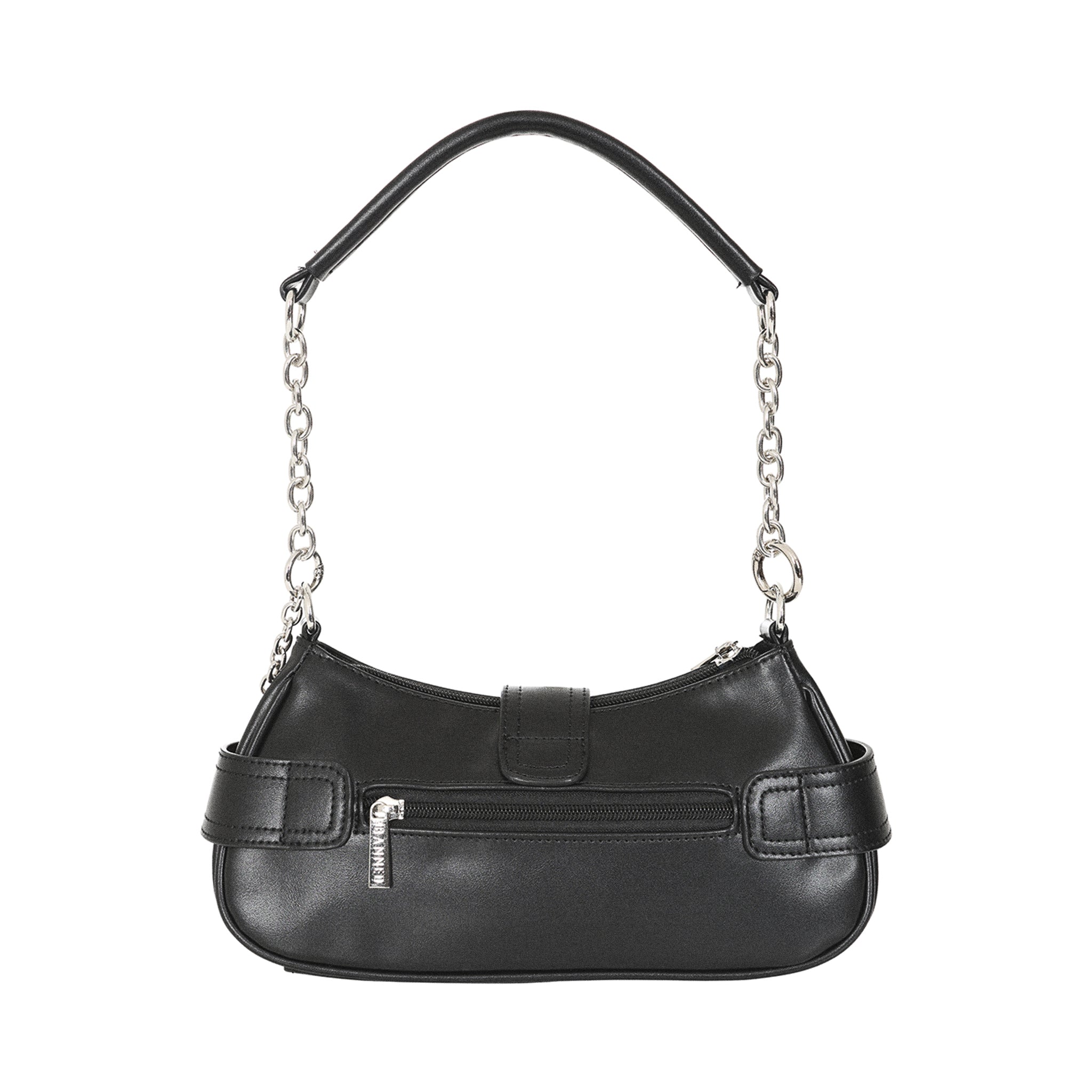 Vista trasera del bolso baguette gótico, mostrando el bolsillo exterior con cremallera.