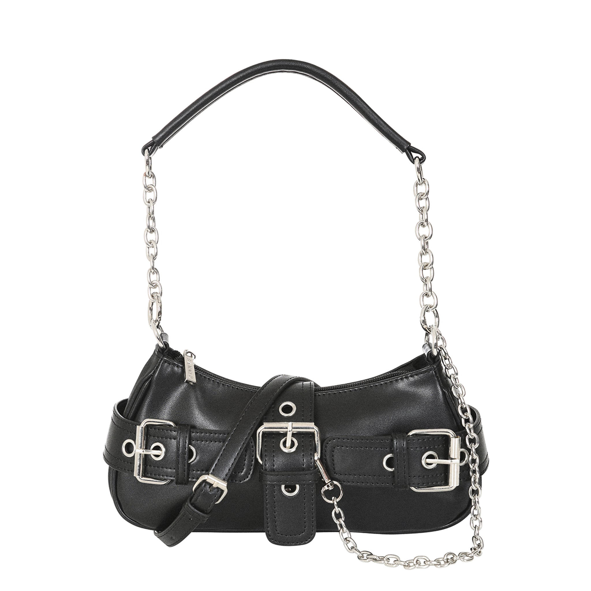 Bolso baguette gótico con la correa larga y ajustable para llevarlo como bandolera.