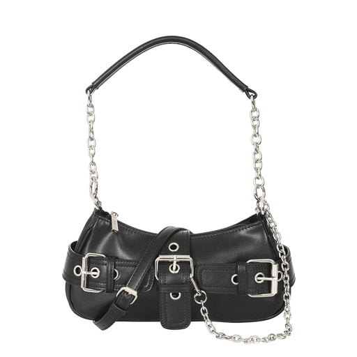 Bolso baguette gótico con la correa larga y ajustable para llevarlo como bandolera.