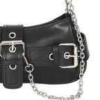  Close-up of the silver buckles and chain strap on the gothic baguette bag