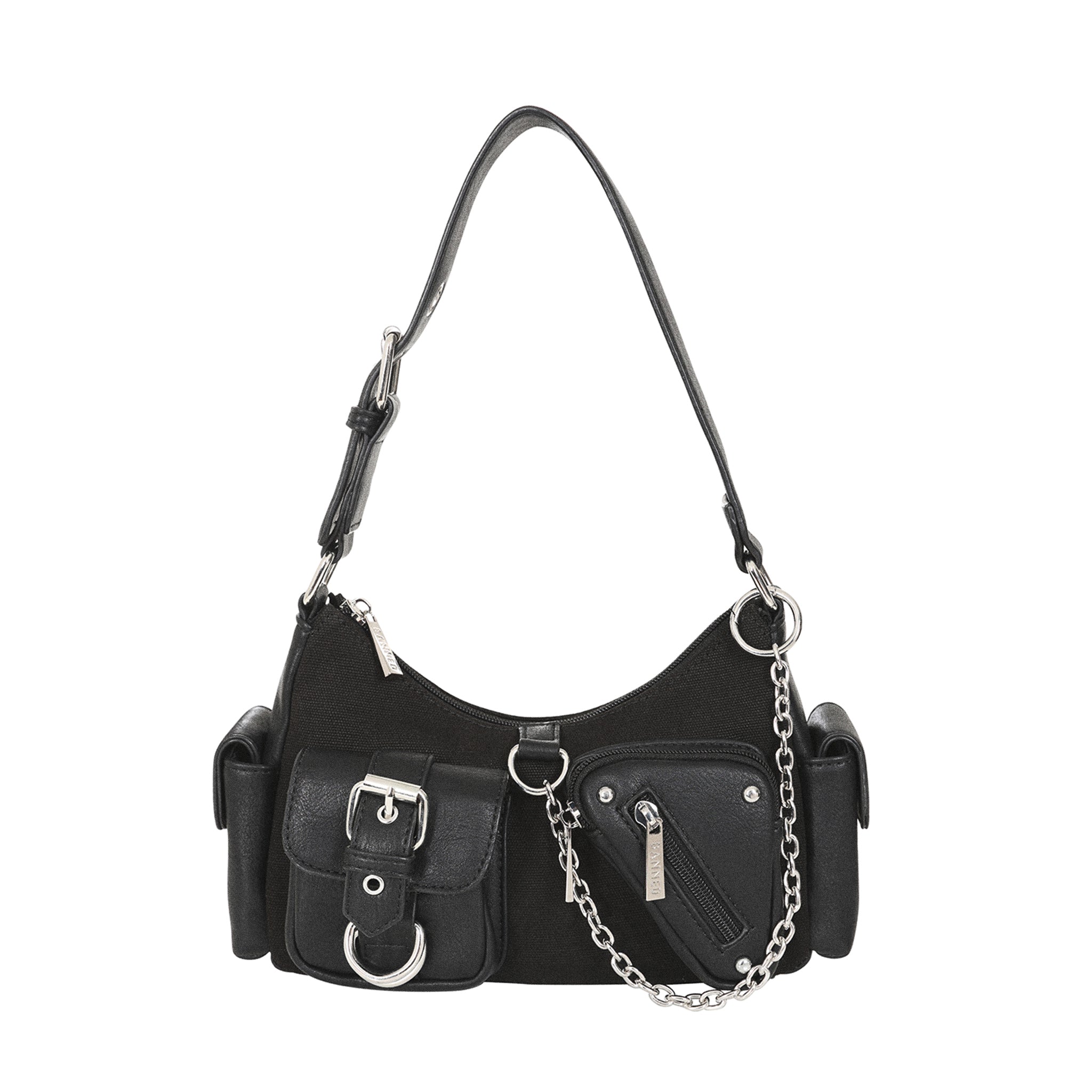 Bolso de hombro gótico Y2K negro con múltiples bolsillos, hebilla, anilla y cadena decorativa.