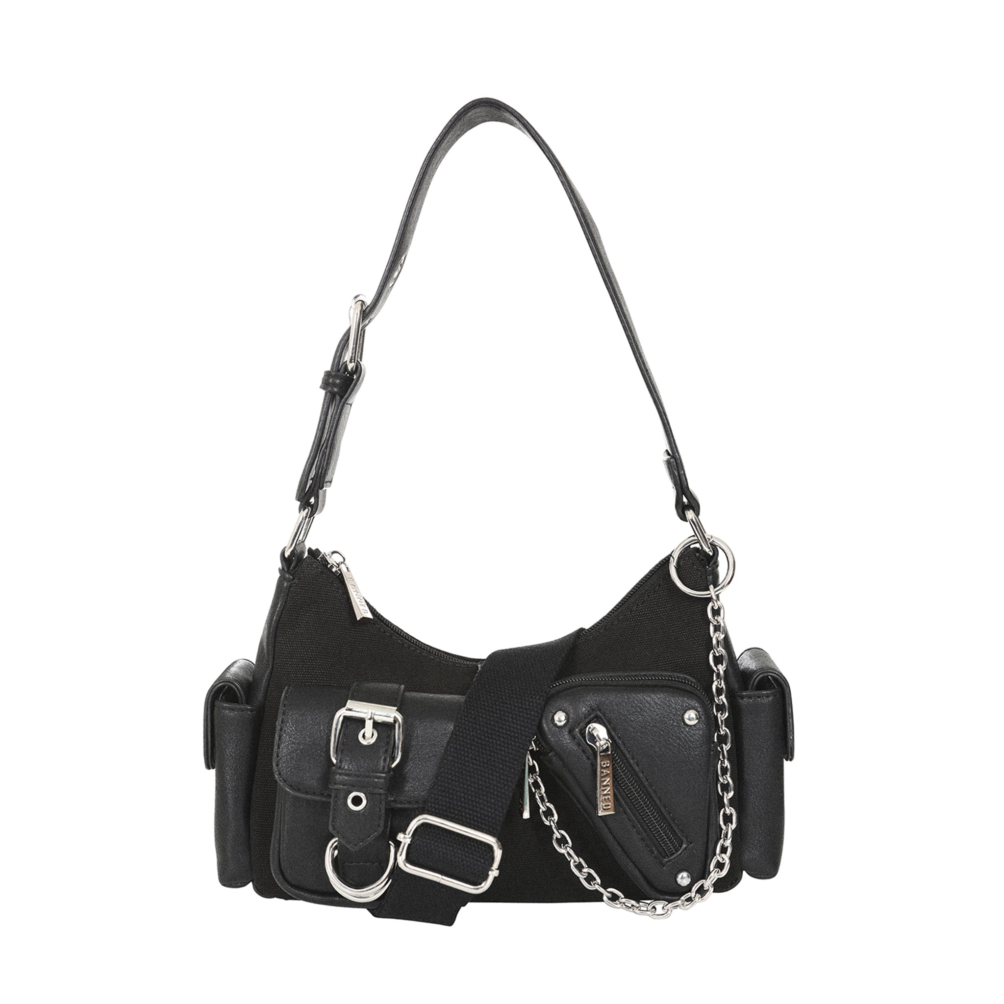 Bolso gótico Y2K con la correa larga de tela ajustable para llevarlo como bandolera.