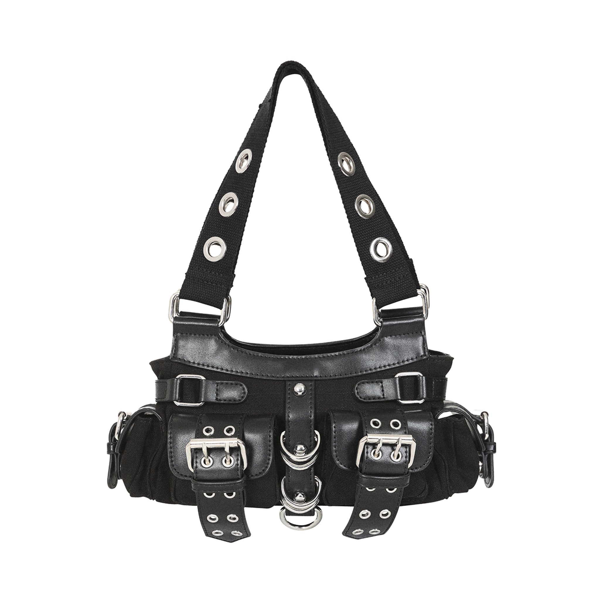 olso de hombro gótico punk negro con hebillas y ojales metálicos, visto de frente.