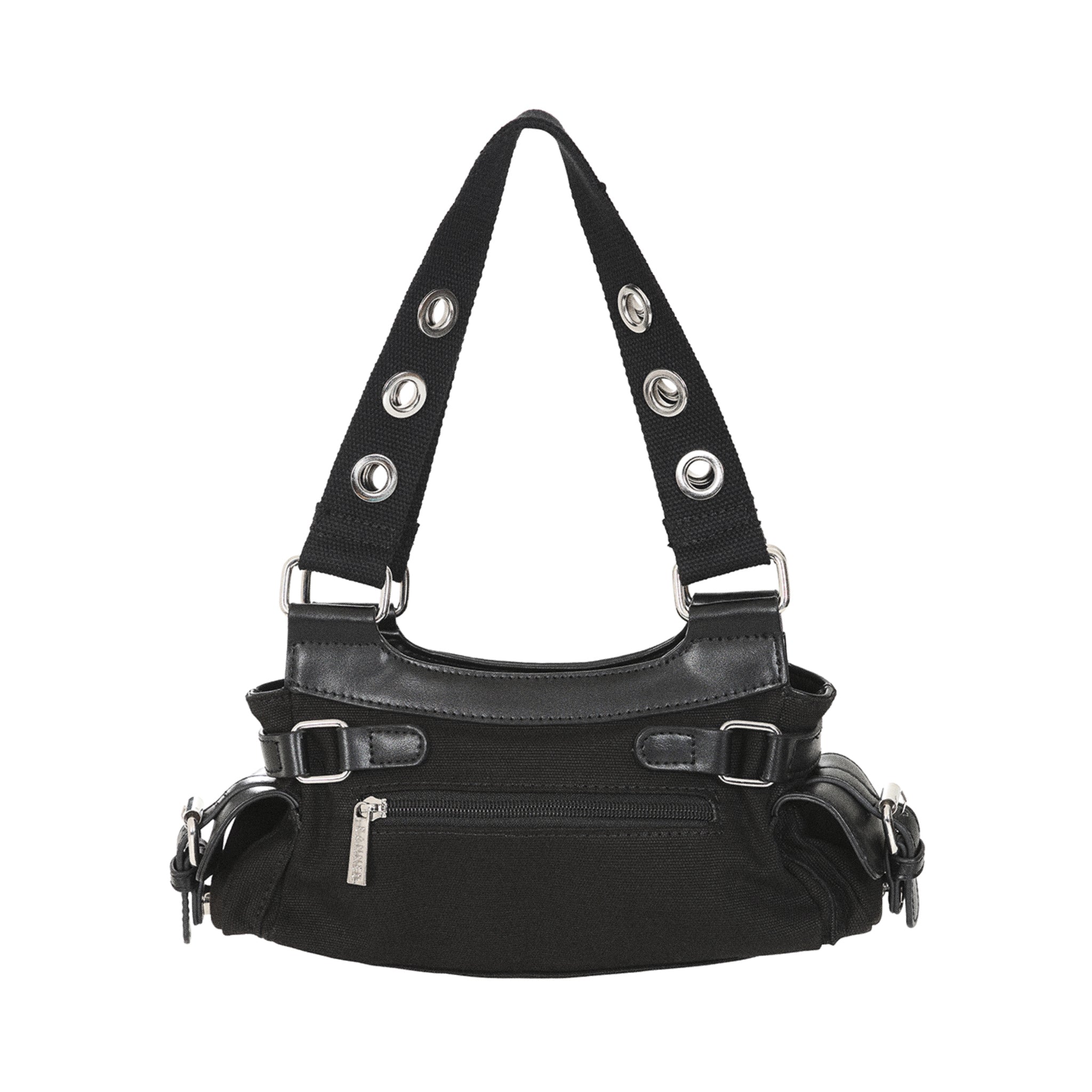 Vista trasera del bolso gótico punk, mostrando el bolsillo exterior con cremallera.