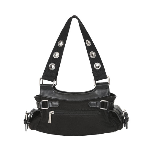 Vista trasera del bolso gótico punk, mostrando el bolsillo exterior con cremallera.