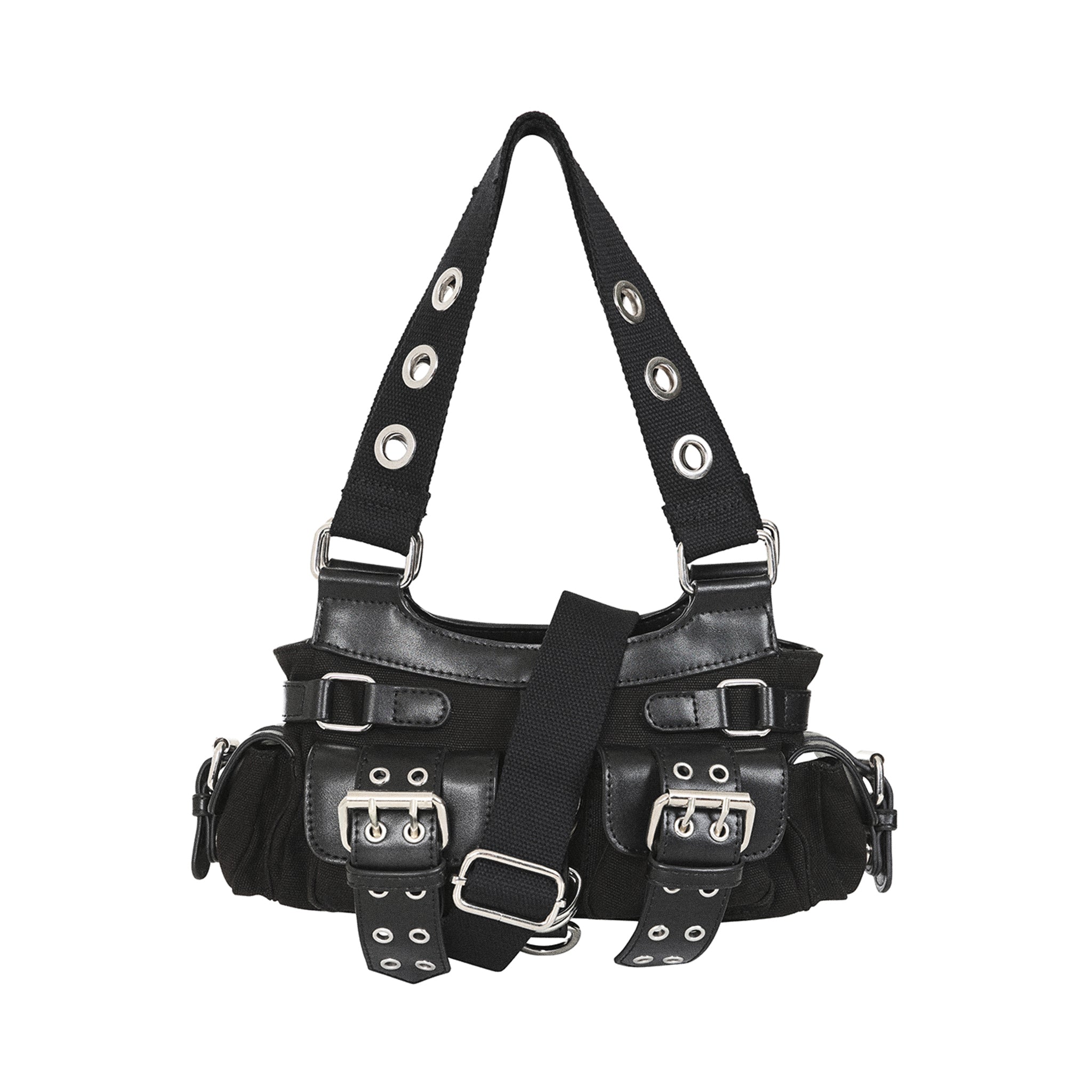 Bolso gótico punk con la correa larga ajustable colocada, listo para usar como bandolera.