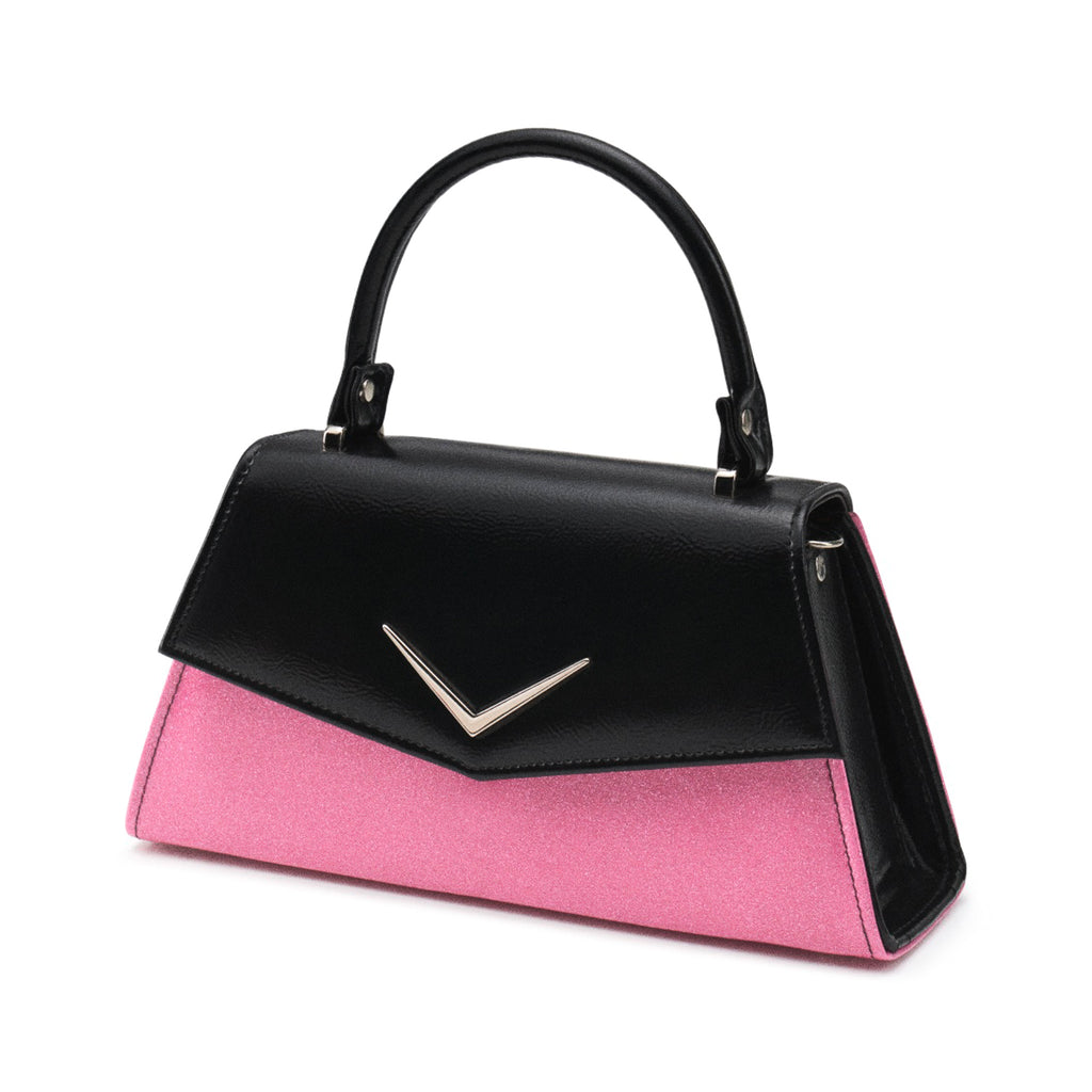  Liquorbrand two-tone pin-up bag in black and pink glitter with emblem chevron