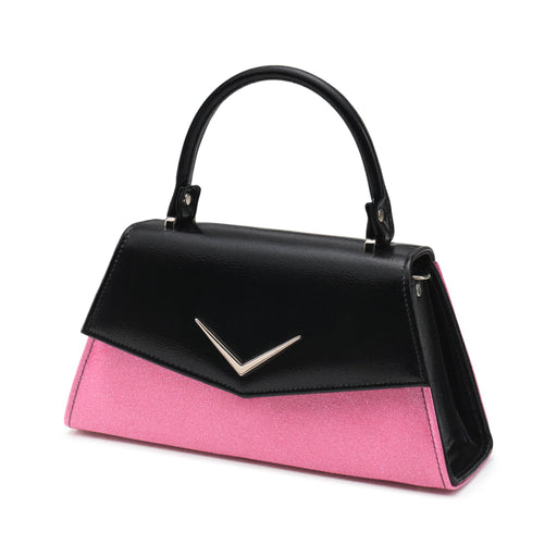 Bolso Liquorbrand bicolor pin-up en negro y rosa brillante con el emblemático aplique Chevron.