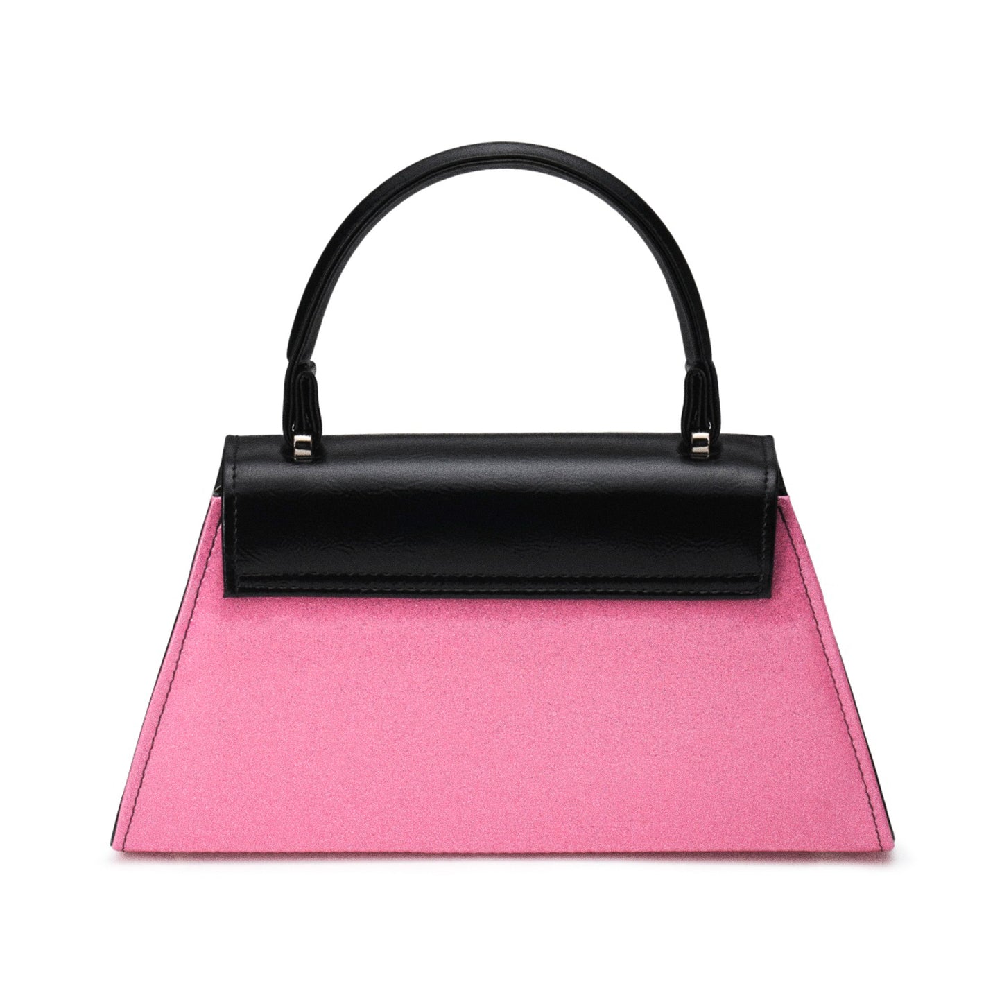 Vista trasera del bolso bicolor pin-up, destacando el cuerpo rosa glitter y el asa superior negra.