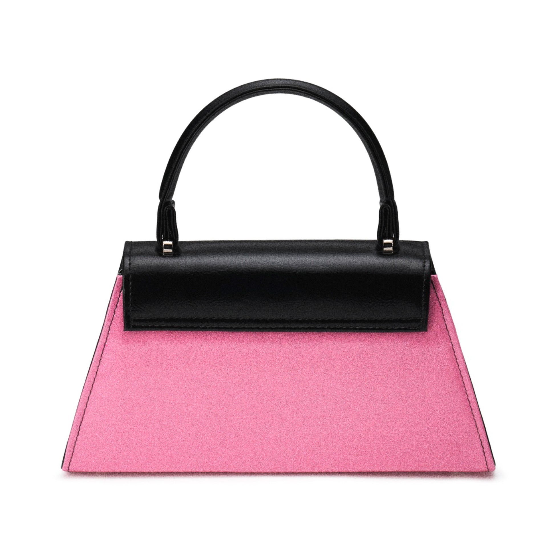 Vista trasera del bolso bicolor pin-up, destacando el cuerpo rosa glitter y el asa superior negra.