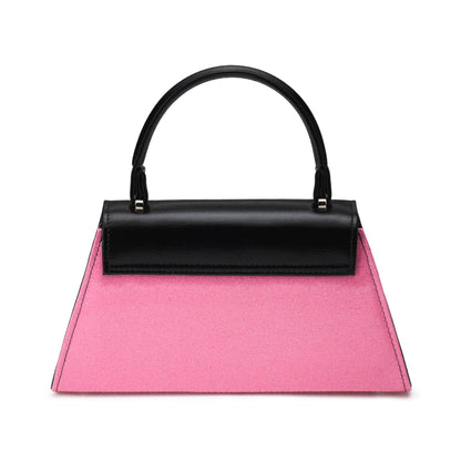Vista trasera del bolso bicolor pin-up, destacando el cuerpo rosa glitter y el asa superior negra.