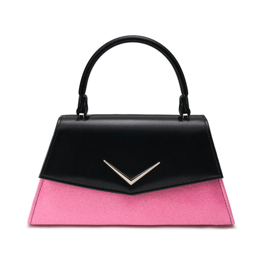 Bolso Liquorbrand bicolor negro y rosa glitter con asa superior y aplique Chevron plateado.