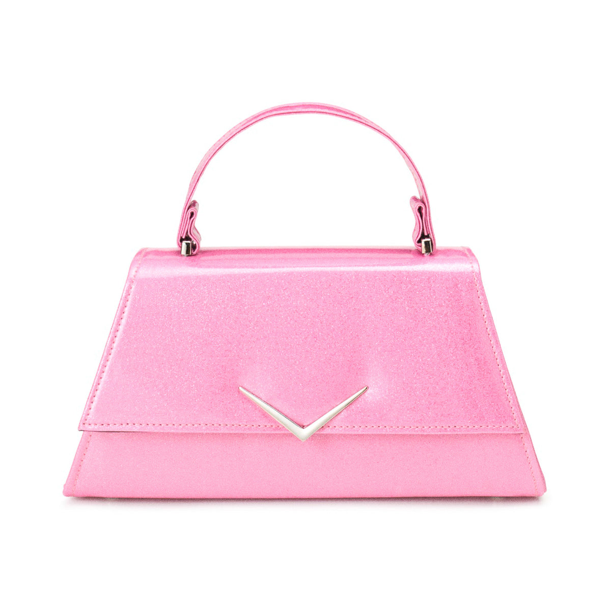 Bolso pin-up The Rumbler de Liquorbrand en color rosa con acabado de brillo y aplique de chevron plateado.