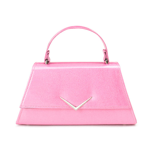 Bolso pin-up The Rumbler de Liquorbrand en color rosa con acabado de brillo y aplique de chevron plateado.