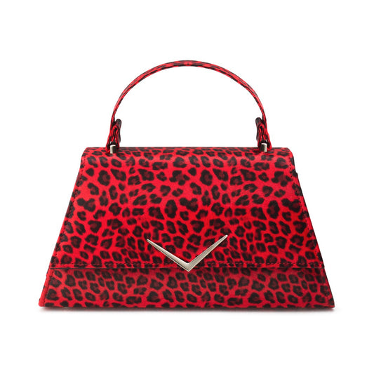 Bolso pin-up Stardust Rumbler de Liquorbrand con estampado de leopardo rojo y negro y aplique de chevron plateado.
