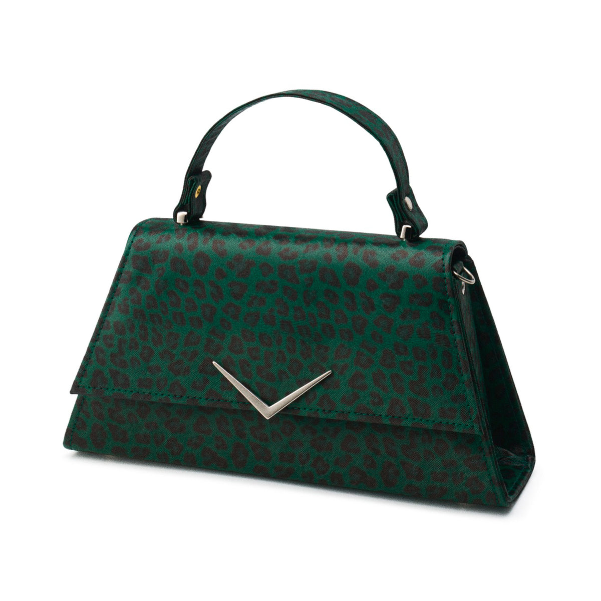 Bolso pin-up con asa superior y diseño completo de leopardo verde y negro.