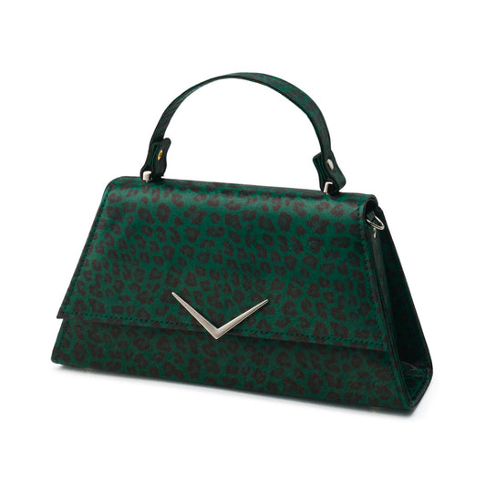 Bolso pin-up con asa superior y diseño completo de leopardo verde y negro.