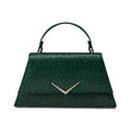Bolso Stardust Rumbler de Liquorbrand con estampado de leopardo verde y aplique de chevron plateado.
