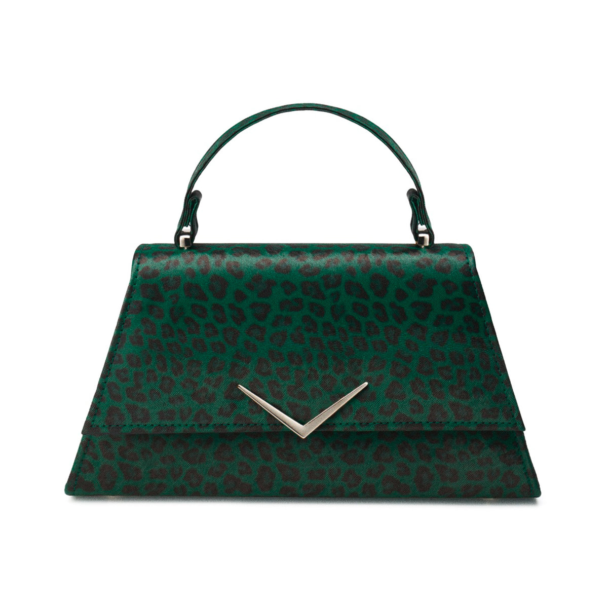 Bolso Stardust Rumbler de Liquorbrand con estampado de leopardo verde y aplique de chevron plateado.
