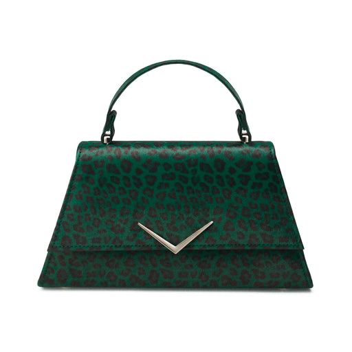 Bolso Stardust Rumbler de Liquorbrand con estampado de leopardo verde y aplique de chevron plateado.