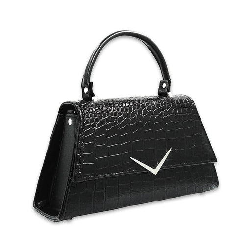 Vista en ángulo del bolso pin-up The Rumbler, mostrando su forma estructurada y el brillo de la textura de cocodrilo.