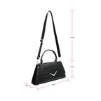 Bolso The Rumbler con la correa larga para hombro y las medidas indicadas: 28cm de ancho, 15cm de alto y 8cm de profundidad.