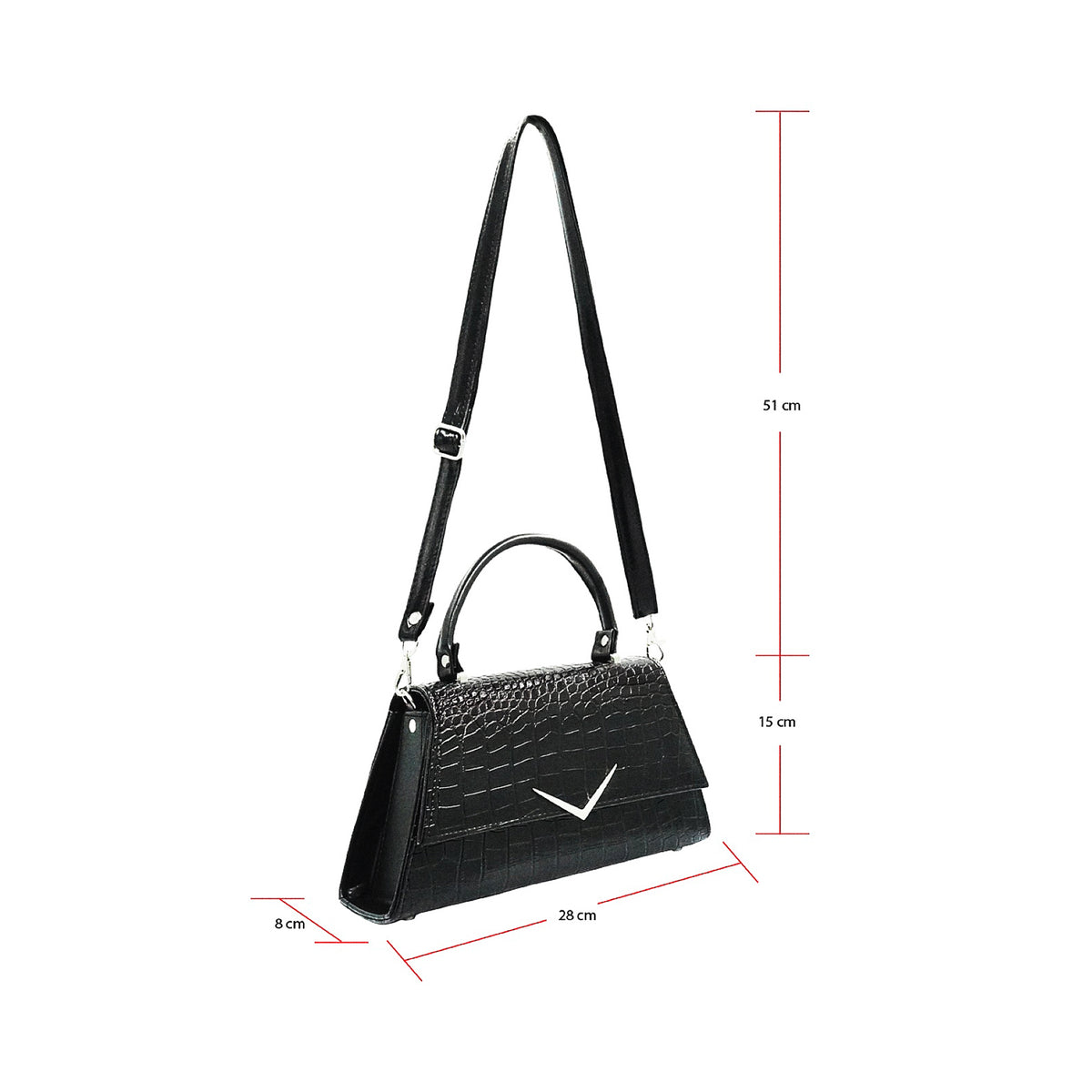 Bolso The Rumbler con la correa larga para hombro y las medidas indicadas: 28cm de ancho, 15cm de alto y 8cm de profundidad.