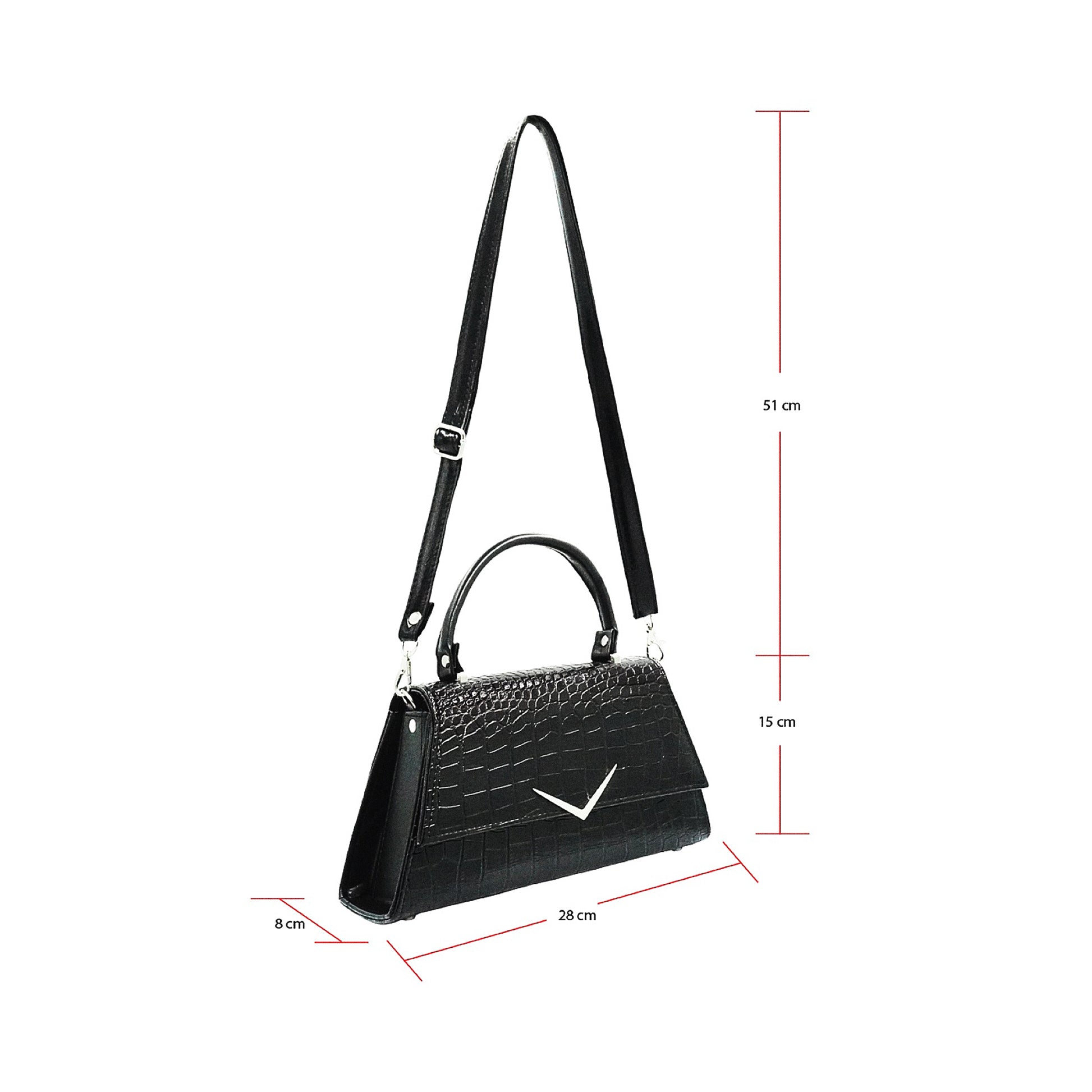 Bolso The Rumbler con la correa larga para hombro y las medidas indicadas: 28cm de ancho, 15cm de alto y 8cm de profundidad.