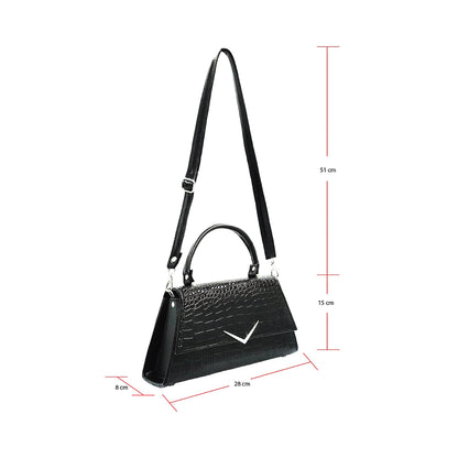 Bolso The Rumbler con la correa larga para hombro y las medidas indicadas: 28cm de ancho, 15cm de alto y 8cm de profundidad.