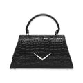 Bolso negro The Rumbler de Liquorbrand con asa superior, textura de cocodrilo y aplique de chevron plateado.