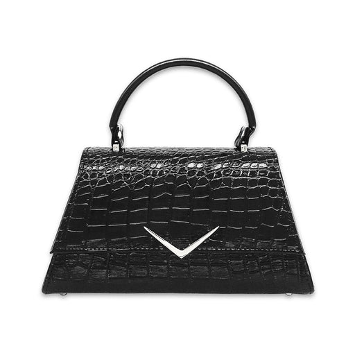 Bolso negro The Rumbler de Liquorbrand con asa superior, textura de cocodrilo y aplique de chevron plateado.