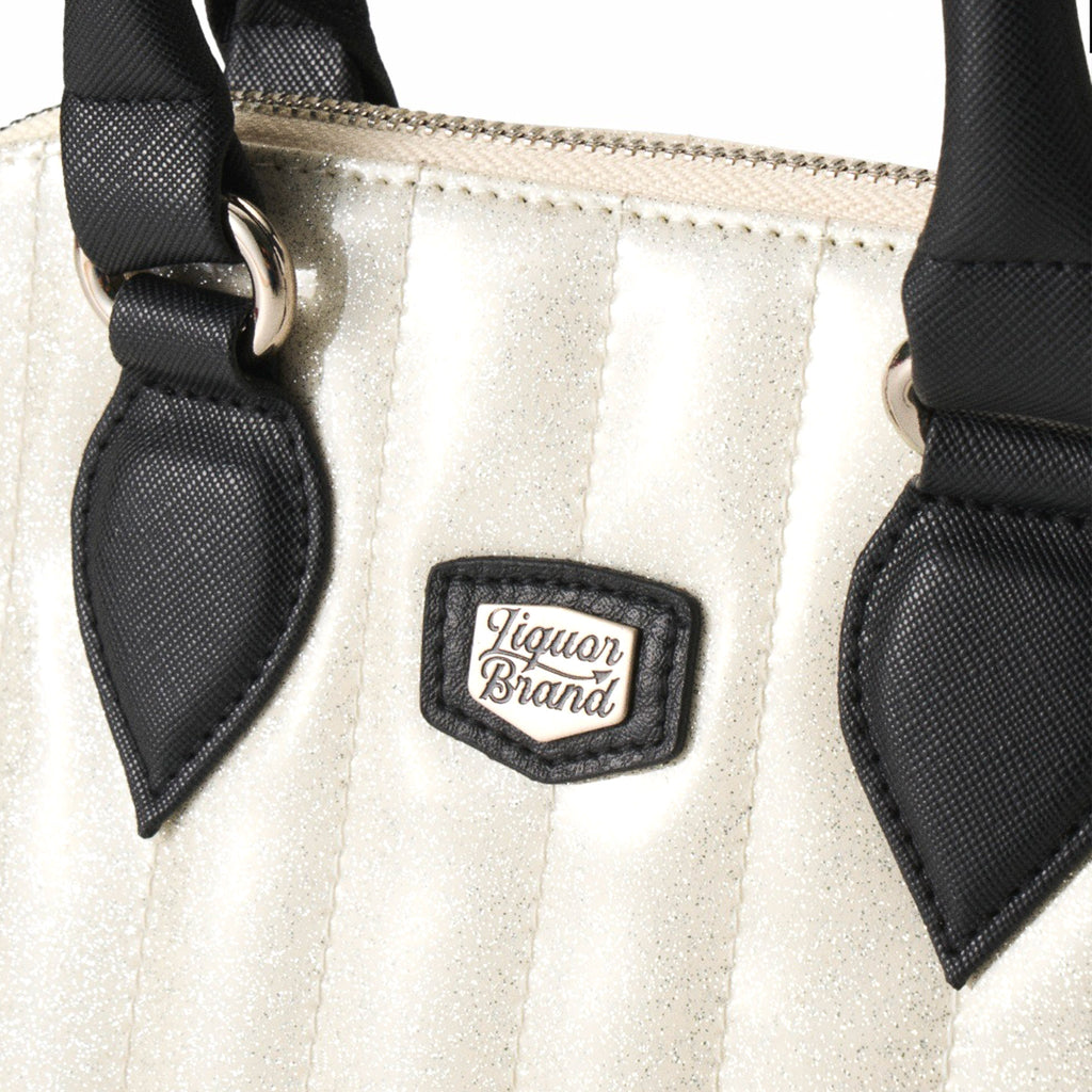 Close-up of Liquorbrand logo patch on the vertical stitching of the white glitter bag
