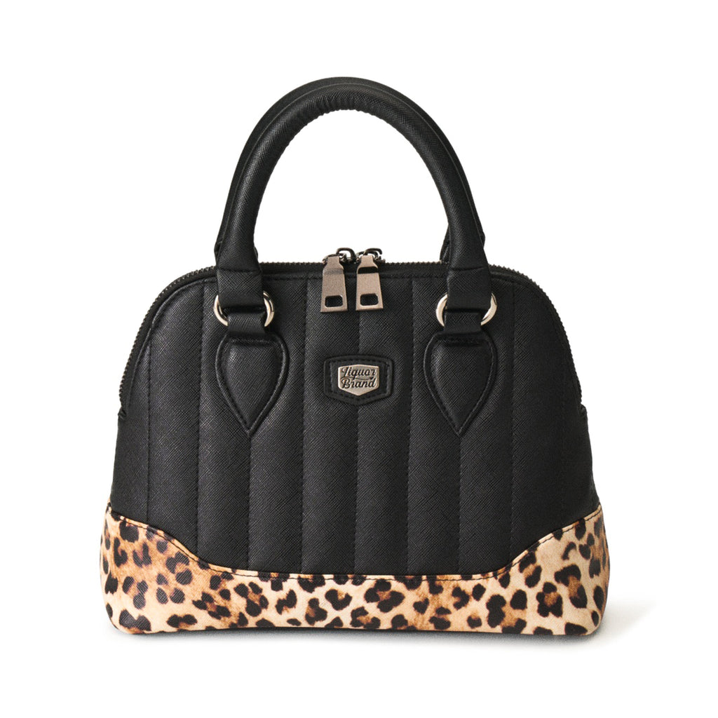  Liquorbrand Lil' Rocket two-tone black bag with leopard base and vertical stitching