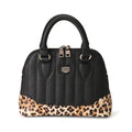 Bolso Liquorbrand Lil' Rocket bicolor negro con base de leopardo y costuras verticales.