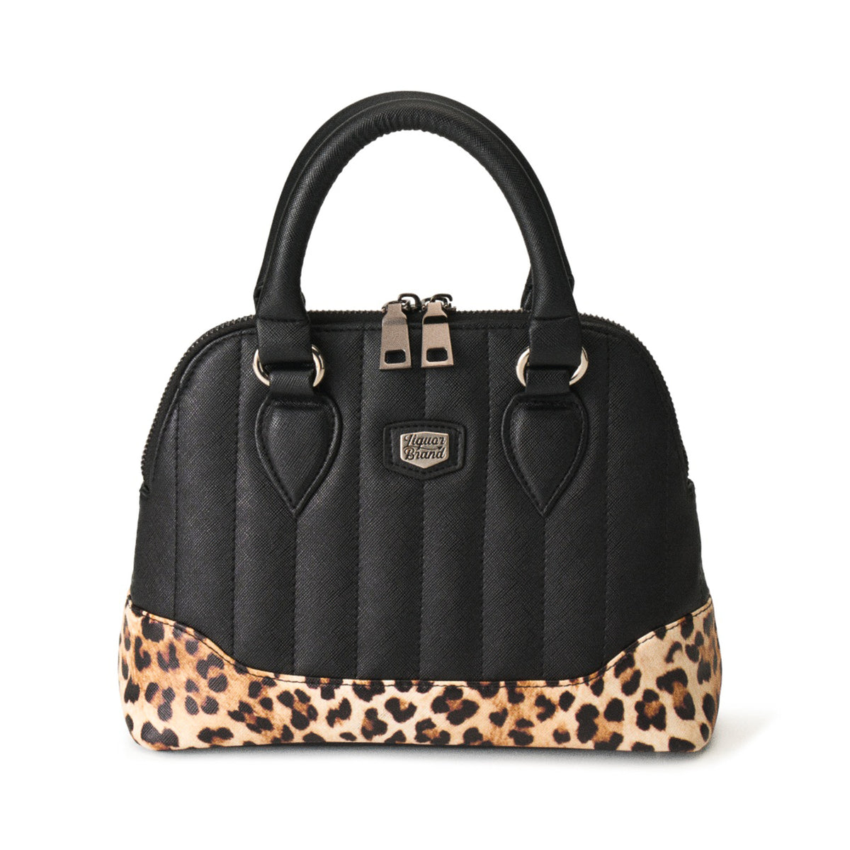  Liquorbrand Lil' Rocket two-tone black bag with leopard base and vertical stitching