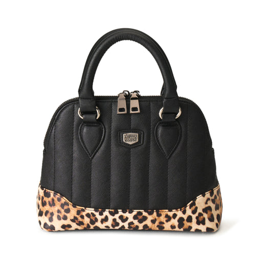 Bolso Liquorbrand Lil' Rocket bicolor negro con base de leopardo y costuras verticales.